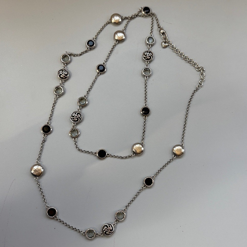 Brighton Europa Long Necklace Black Gray Crystal Silver Scrollwork Discs Station